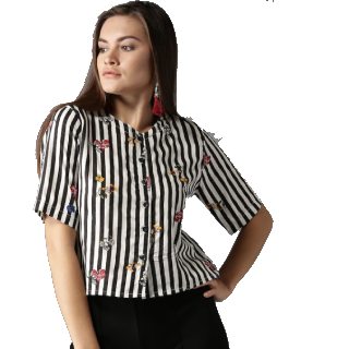 HERE&NOW Women Black & White Striped Boxy Pure Cotton Top at Rs.449